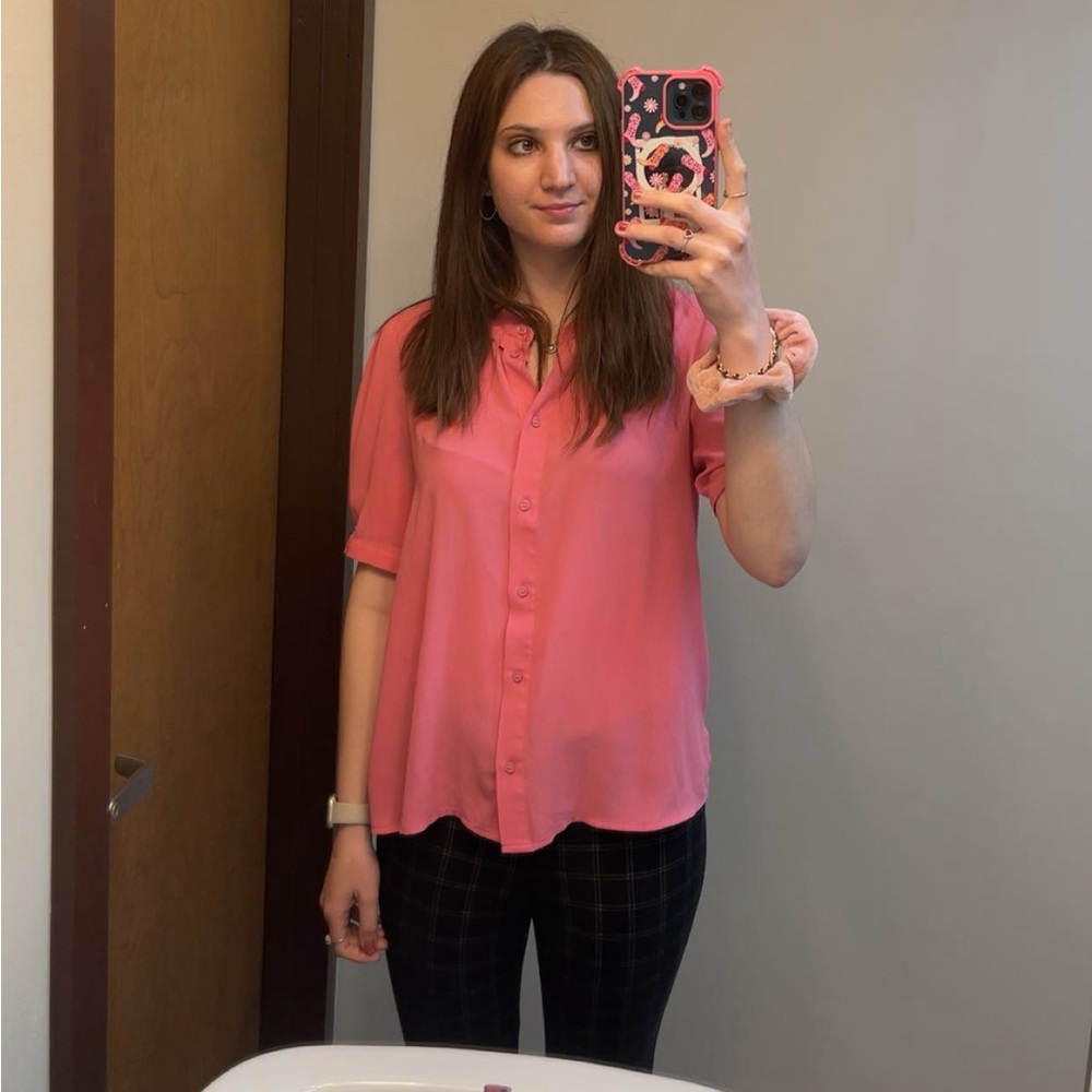 J. Crew Pink Drapey button-up Short Puff Sleeve Ruffled Collar Top M